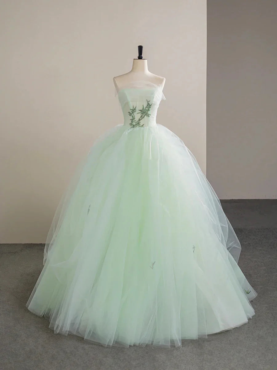 Light Green Tulle Floor Length Prom Dress, Beautiful Strapless A-Line Evening Party Dress TP934