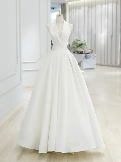 White V-Neck Satin Long Prom Dress, Elegant A-Line Formal Party Dress TP937