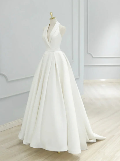 White V-Neck Satin Long Prom Dress, Elegant A-Line Formal Party Dress TP937
