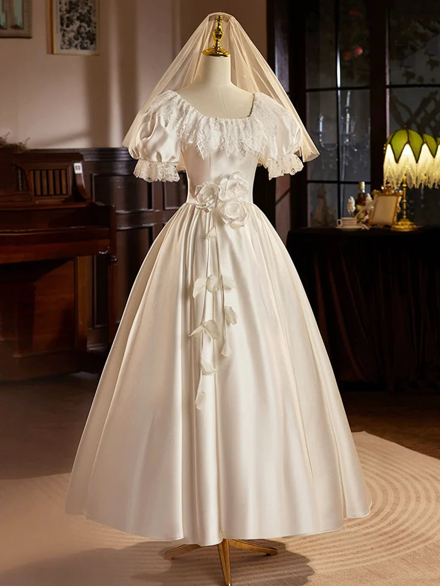 White Satin Tea Length Prom Dress with Lace, Retro A-Line Evening Party Dress TP939