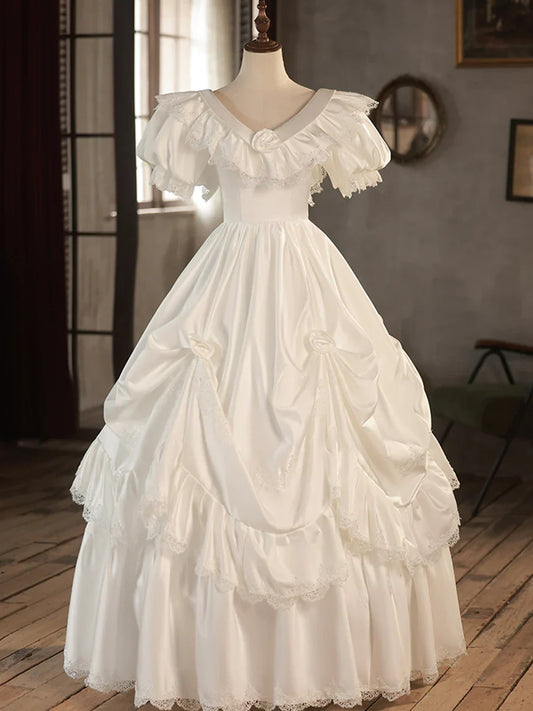 White V-Neck Satin Long Prom Dress, Lace Wedding Dress TP945