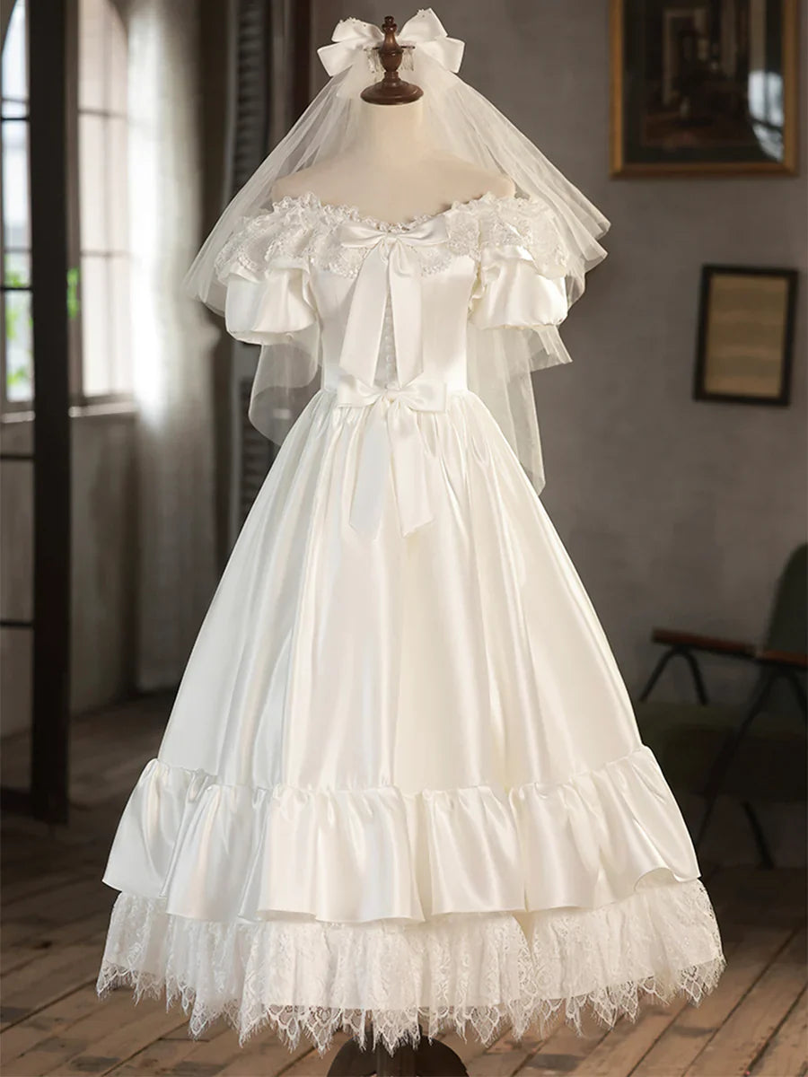White Satin Lace Short Prom Dress, Off Shoulder Evening Dress, Wedding Dress TP946