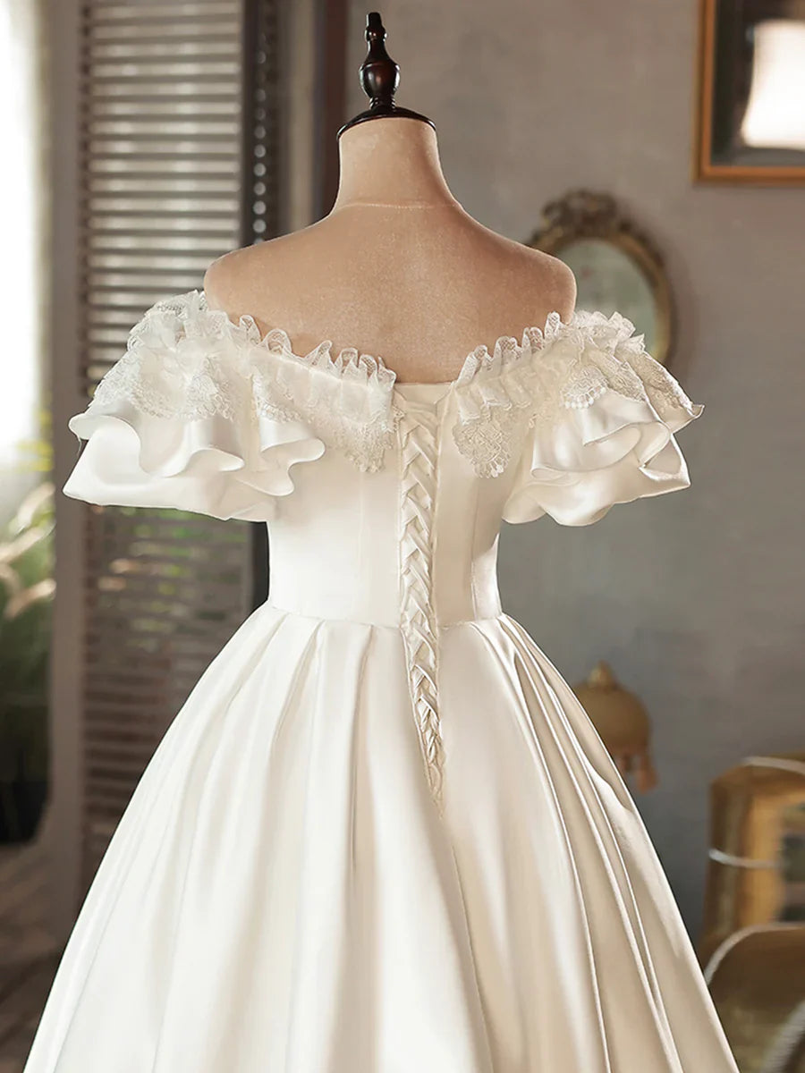 White Satin Lace Short Prom Dress, White Evening Dress, Wedding Dress TP947