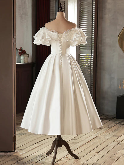White Satin Lace Short Prom Dress, White Evening Dress, Wedding Dress TP947