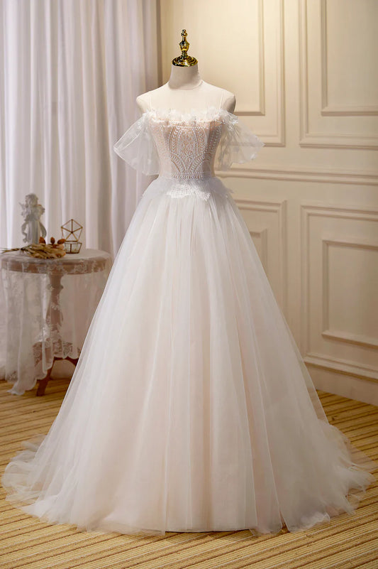 Champagne Lace Long A-line Prom Dress, Off the Shoulder Evening Dress TP948