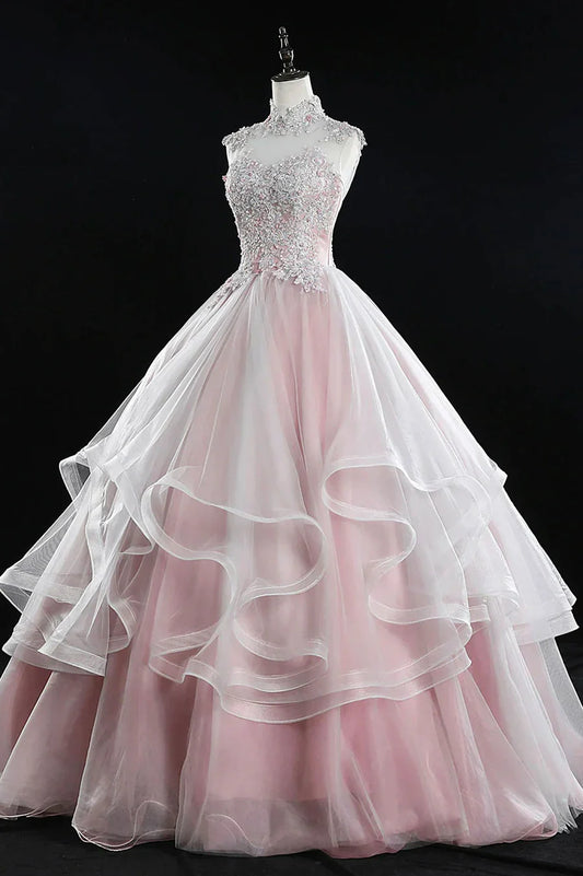 Pink Tulle Lace Sweet 16 Dresses, Long Quinceanera Dresses TP953