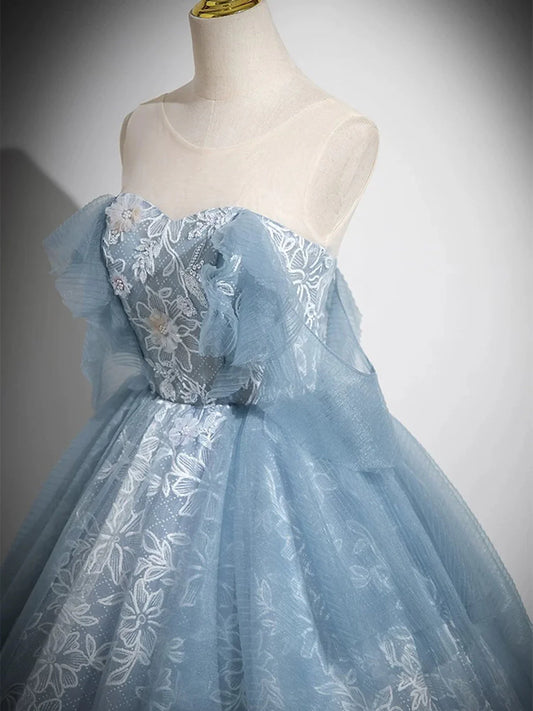 Light Blue A-line Lace and Tulle Long Party Dress, Blue Round Neckline Prom Dress TP979