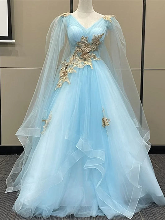 Light Blue Tulle with Gold Lace Applique Party Dress, Light Blue Prom Dress TP985