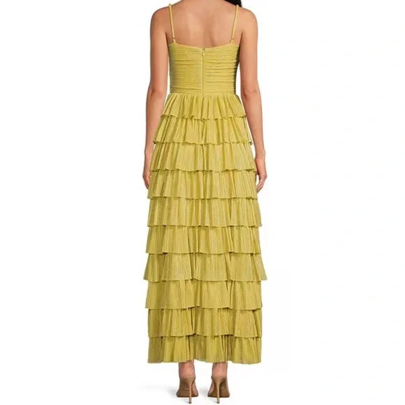 Yellow stylish elegant spaghetti straps long satin tiered ball gown formal evening dress party dress gh3655