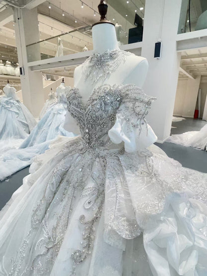 Gorgeous Beading Ruffled Tulle Off-Shoulder Wedding Dress Sparkling Fairytale Wedding Gown TP5073