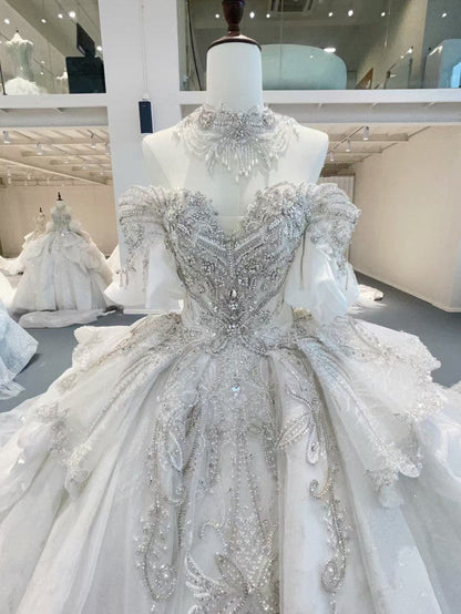 Gorgeous Beading Ruffled Tulle Off-Shoulder Wedding Dress Sparkling Fairytale Wedding Gown TP5073