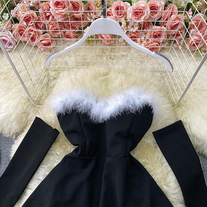 Red/black fashion heart-shaped collar sexy waist slimming off-shoulder Christmas birthday dress 2718