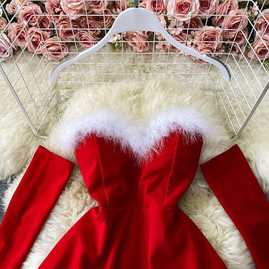 Red/black fashion heart-shaped collar sexy waist slimming off-shoulder Christmas birthday dress 2718