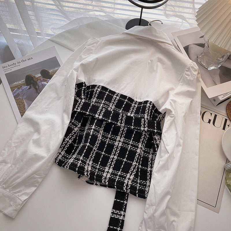 Waist check sling fake two piece splicing long sleeve top  6289