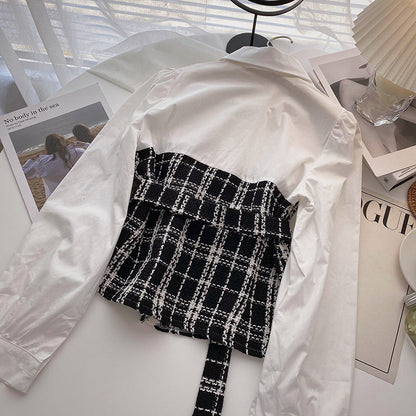 Waist check sling fake two piece splicing long sleeve top  6289
