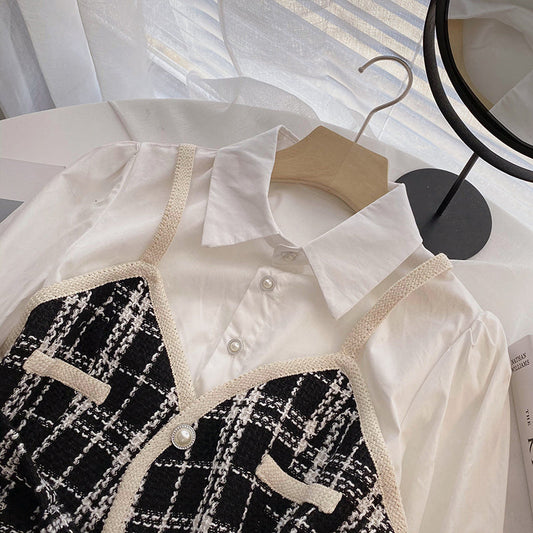 Waist check sling fake two piece splicing long sleeve top  6289