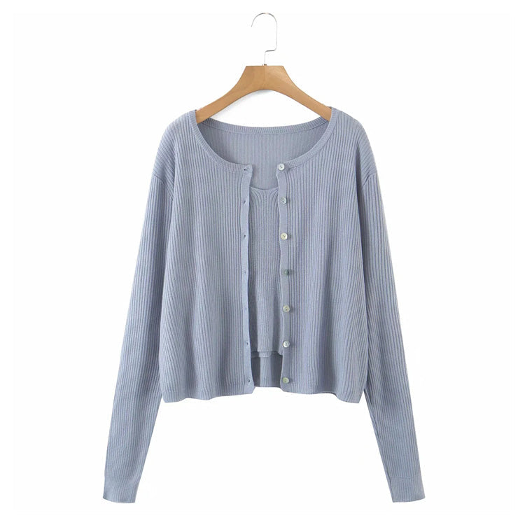 V-neck suspender T-shirt button long sleeve cardigan two piece set  7275