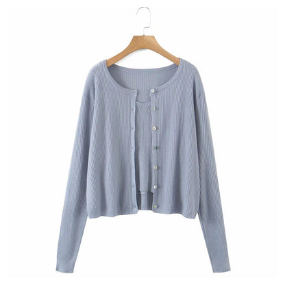 V-neck suspender T-shirt button long sleeve cardigan two piece set  7275