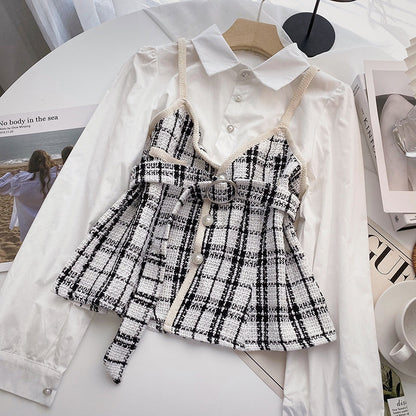 Waist check sling fake two piece splicing long sleeve top  6289