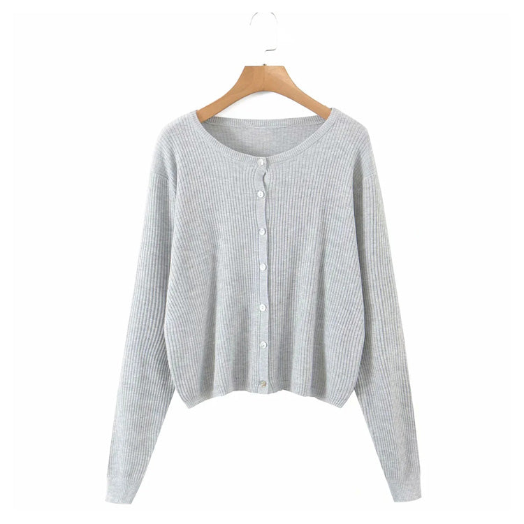 V-neck suspender T-shirt button long sleeve cardigan two piece set  7275