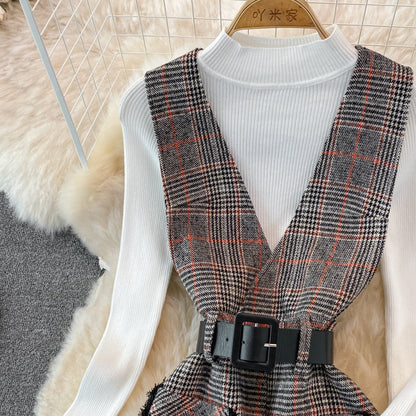 Woolen vest dress two piece stand collar knit bottoming shirt  3771