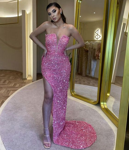 Sexy Birthday Dresses Pink Slit Sequin Prom Dresses Birthday Outfits P371
