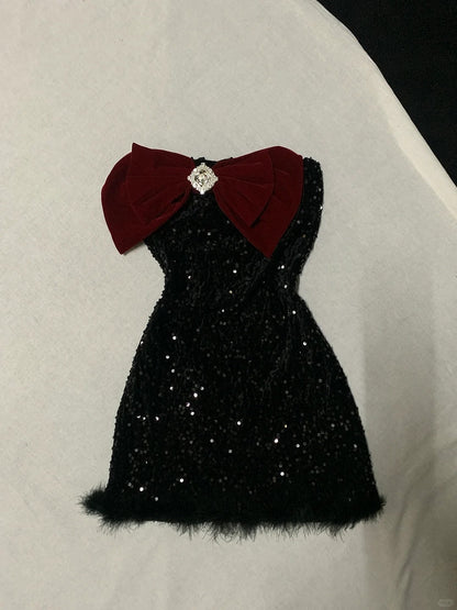 Black Shiny Burgundy Velvet Bow New Fashion Exquisite Sparkling Diamond short Sequin Homecoming Dress Birthday Party Dress Cocktail Party Dress Evening Dress Prom Dress Evening Dress gh3965