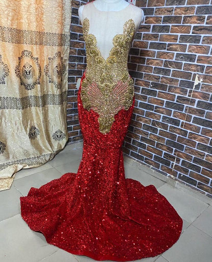 Sparkle Red Mermaid Dress Formal Gown Gold Crystal