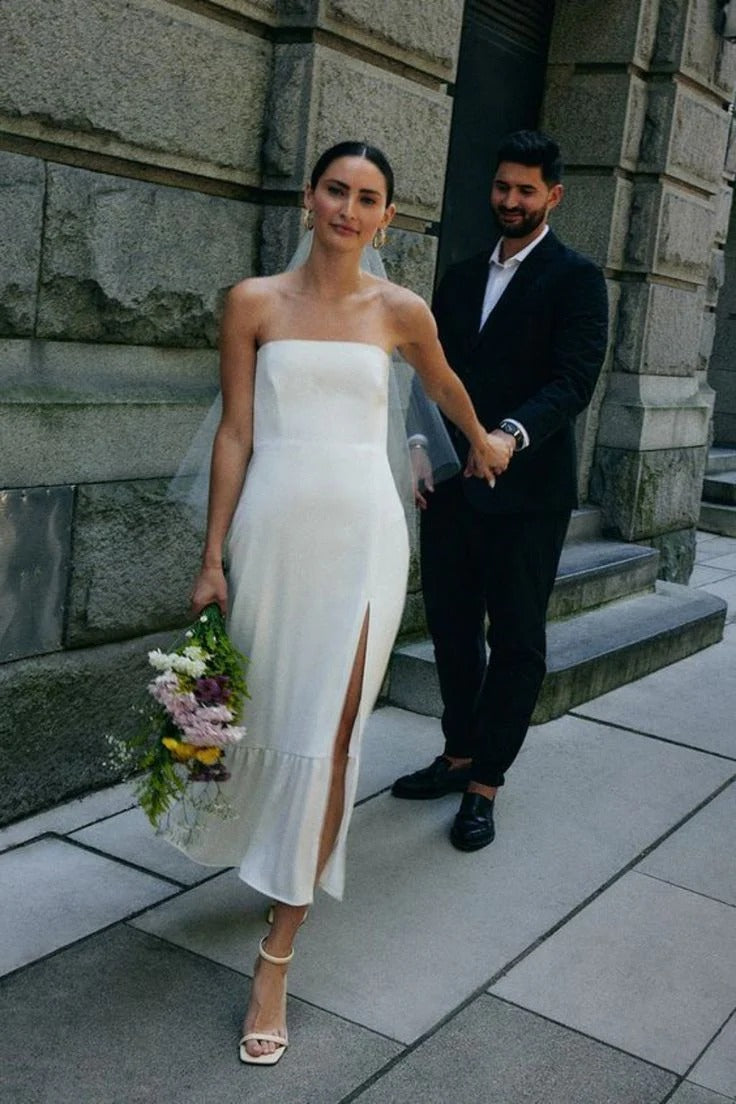 Simple Satin Sheath Midi Wedding Dress With Slit