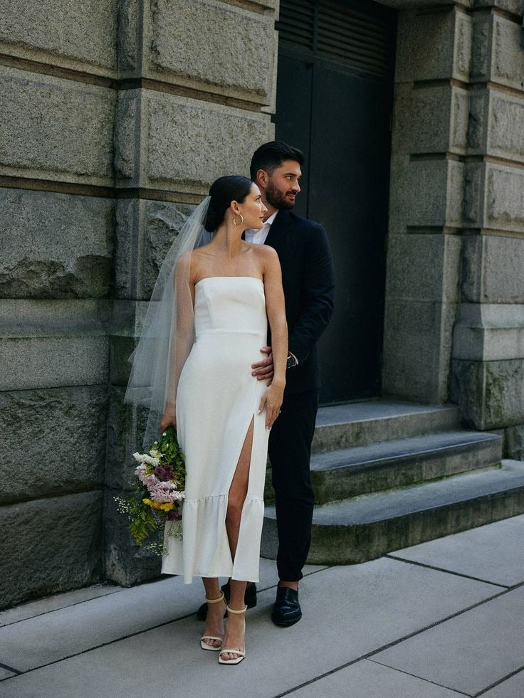 Simple Satin Sheath Midi Wedding Dress With Slit