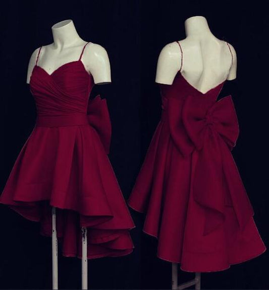 High Low Short Burgundy Prom Dress with Bow A-line Homecoming Dresses