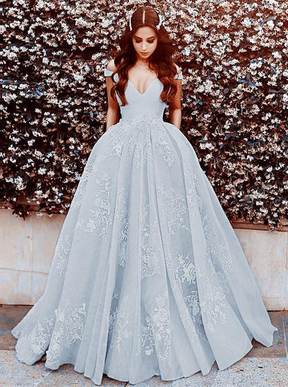 Elegant Tulle Ball Gowns Prom Dresses Lace Appliques Off Shoulder
