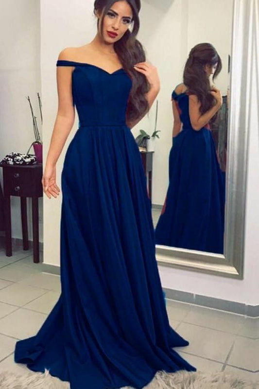 Simple Dark Blue Prom Long Dresses with Off-the-shoulder,Evening Dress