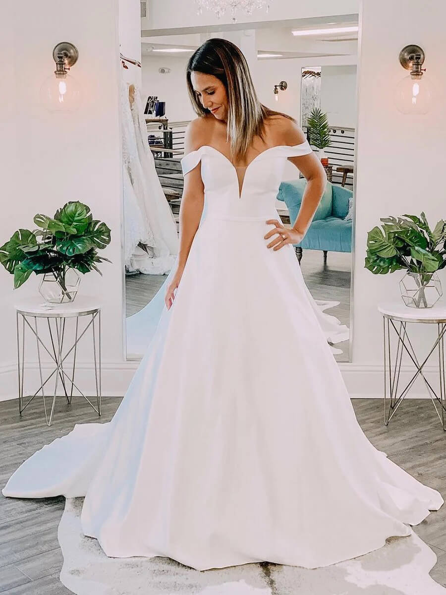 Unique Off the Shoulder Satin Wedding Dresses Chapel Train