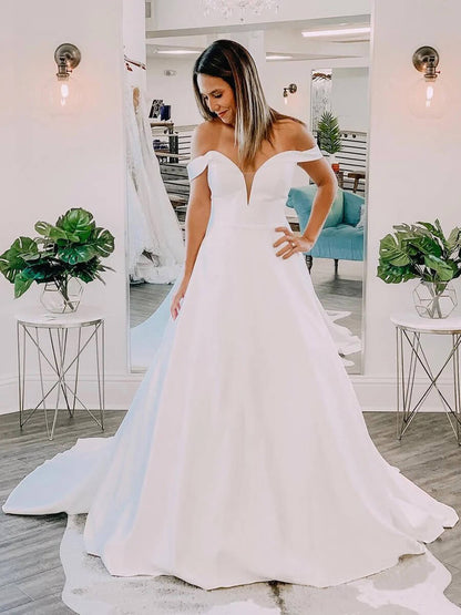 Unique Off the Shoulder Satin Wedding Dresses Chapel Train