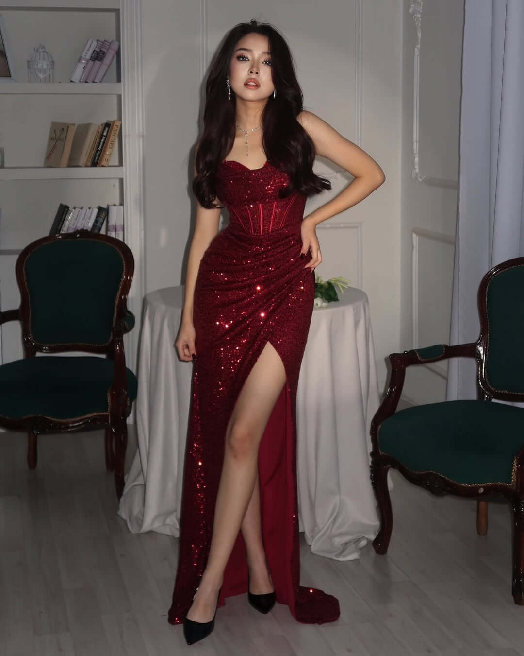 Sparkle Sequin Prom Dresses with Slit Burgundy Gala Dress