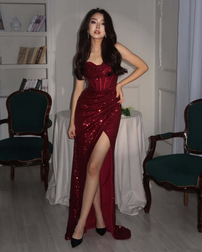 Sparkle Sequin Prom Dresses with Slit Burgundy Gala Dress