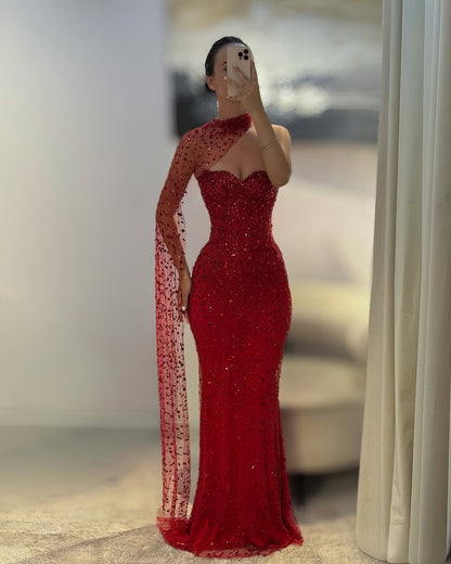 Sparkly Red Prom Dresses Long Full Crystal Formal Outfit with Scarf