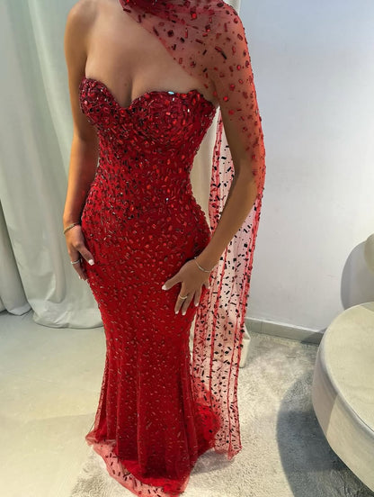 Sparkly Red Prom Dresses Long Full Crystal Formal Outfit with Scarf