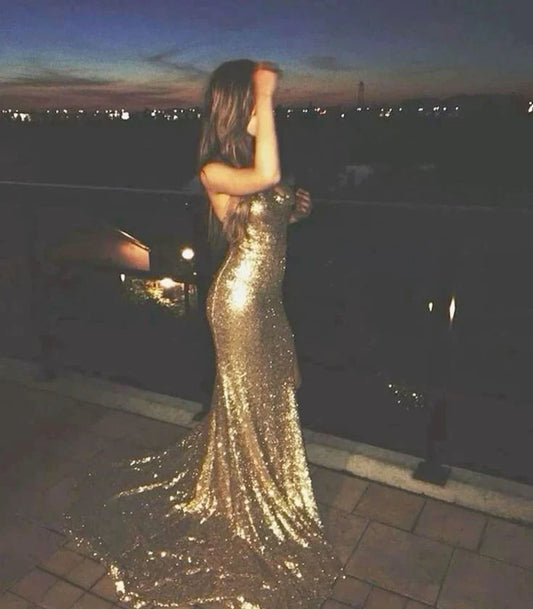 Sparkle Gold Tight Prom Dress Open Back Sequin Mermaid Evening Dresses Long