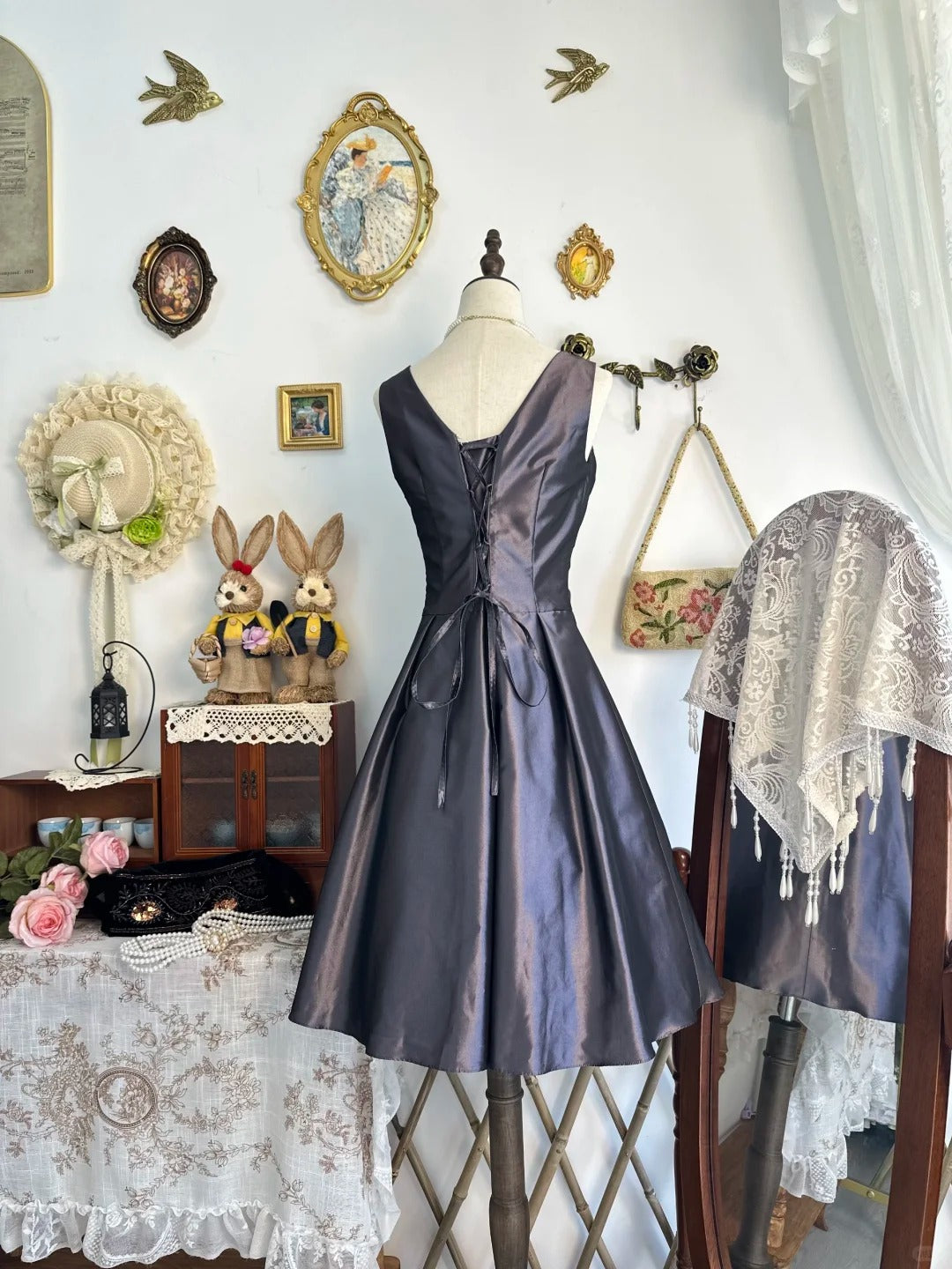 amakanas-Silver purple vintage short satin homecoming dress birthday dress gh5222