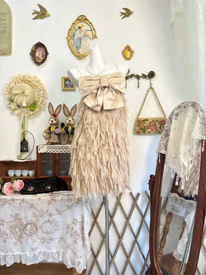 amakanas-Champagne bow vintage short chiffon homecoming dress birthday dress gh5208