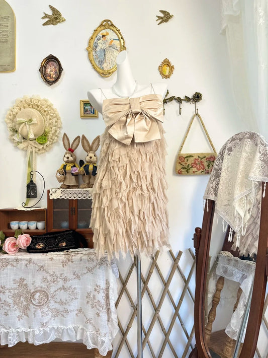 amakanas-Champagne bow vintage short chiffon homecoming dress birthday dress gh5208