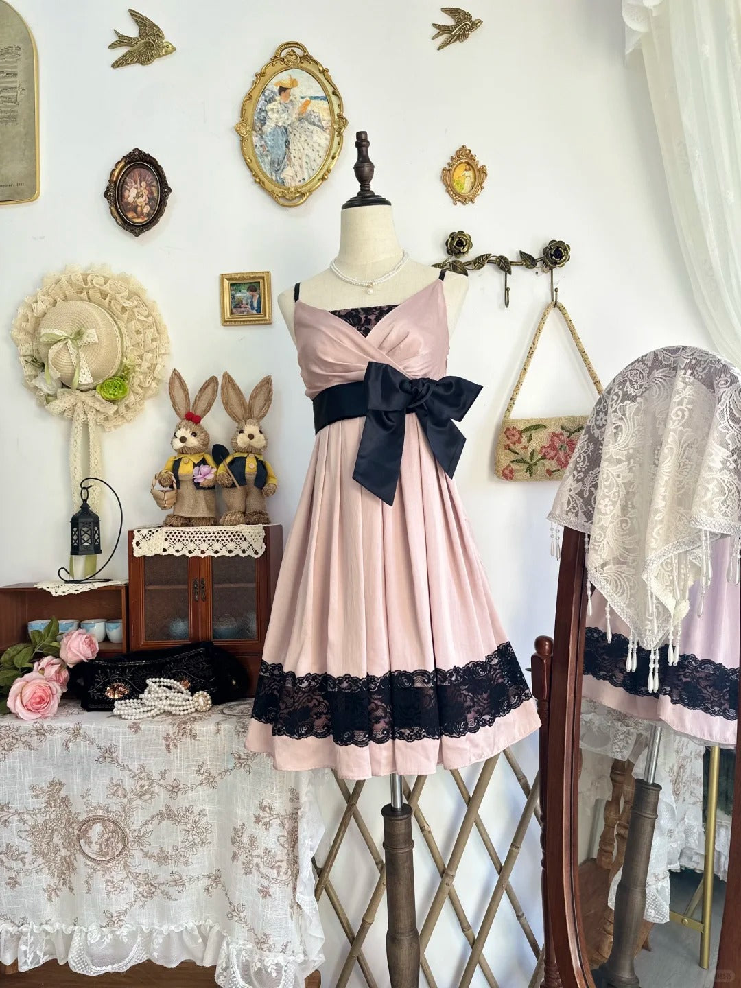 amakanas-Pink butterfly lace vintage short satin homecoming dress birthday dress gh5219