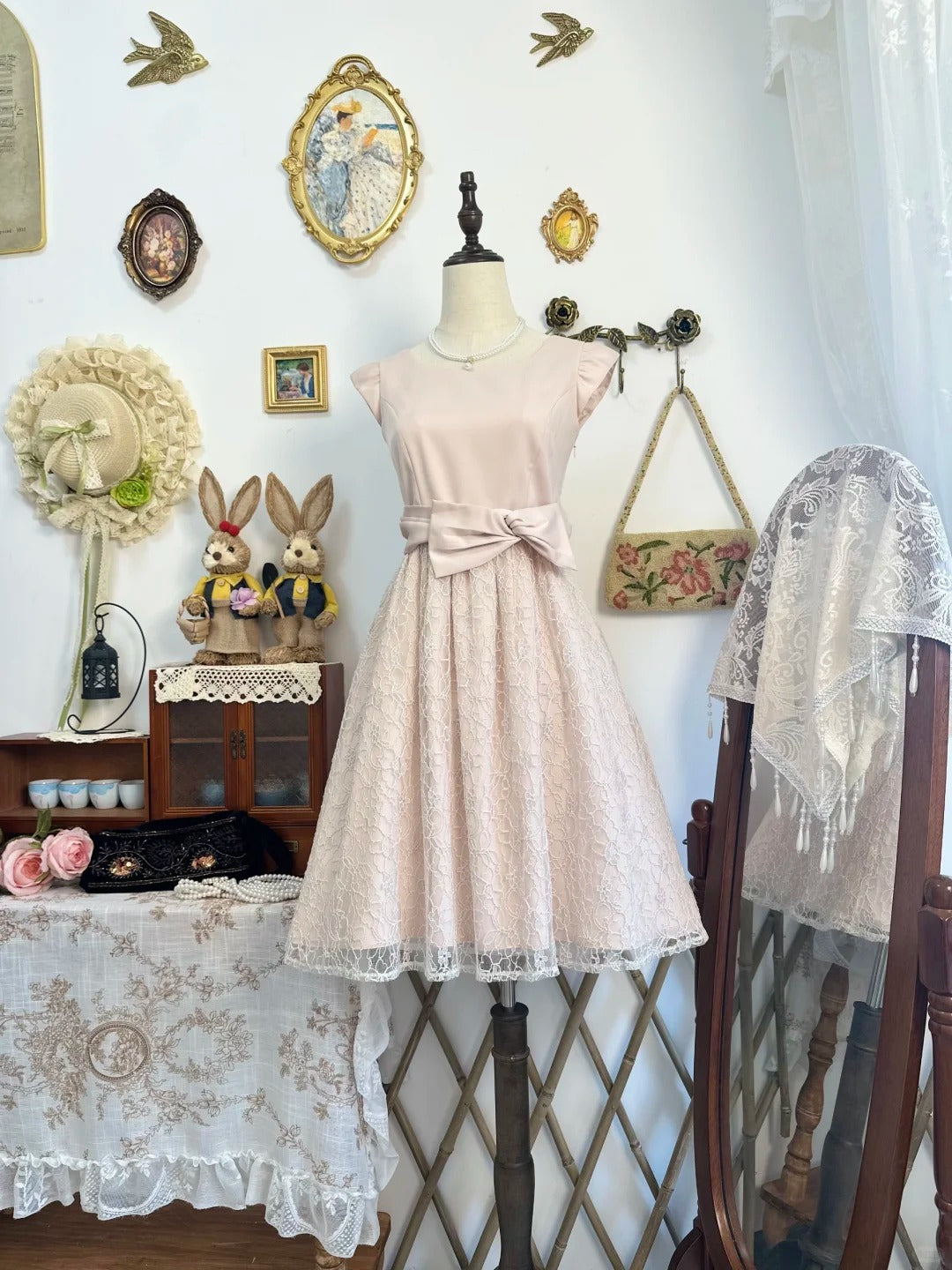 amakanas-Pink lace bow floral vintage short chiffon homecoming dress birthday dress gh5207