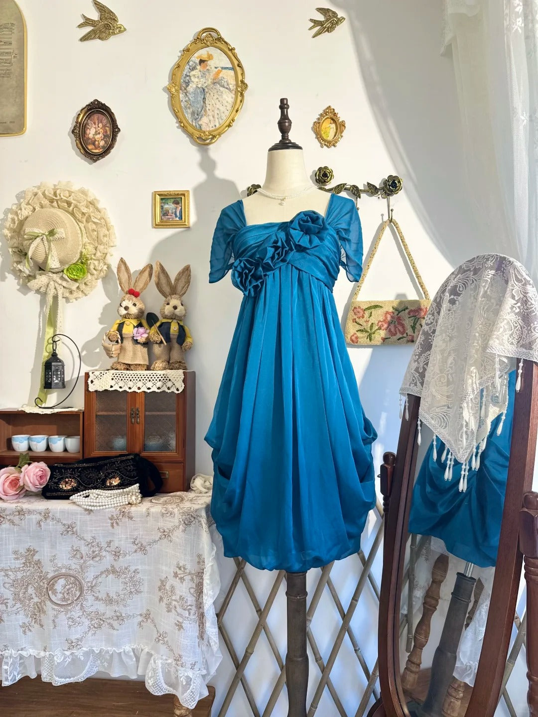 amakanas-New peacock blue vintage bow-knot short chiffon homecoming dress, birthday party dress gh5195