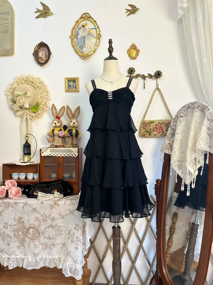 amakanas-Black ruffled vintage short chiffon homecoming dress birthday dress gh5217
