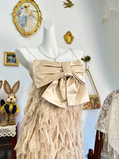 amakanas-Champagne bow vintage short chiffon homecoming dress birthday dress gh5208