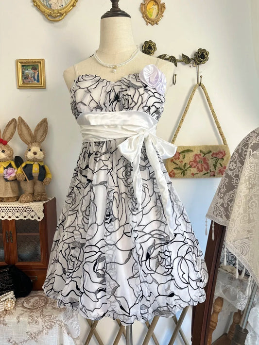 amakanas-Black and white floral vintage short chiffon homecoming dress birthday dress gh5206