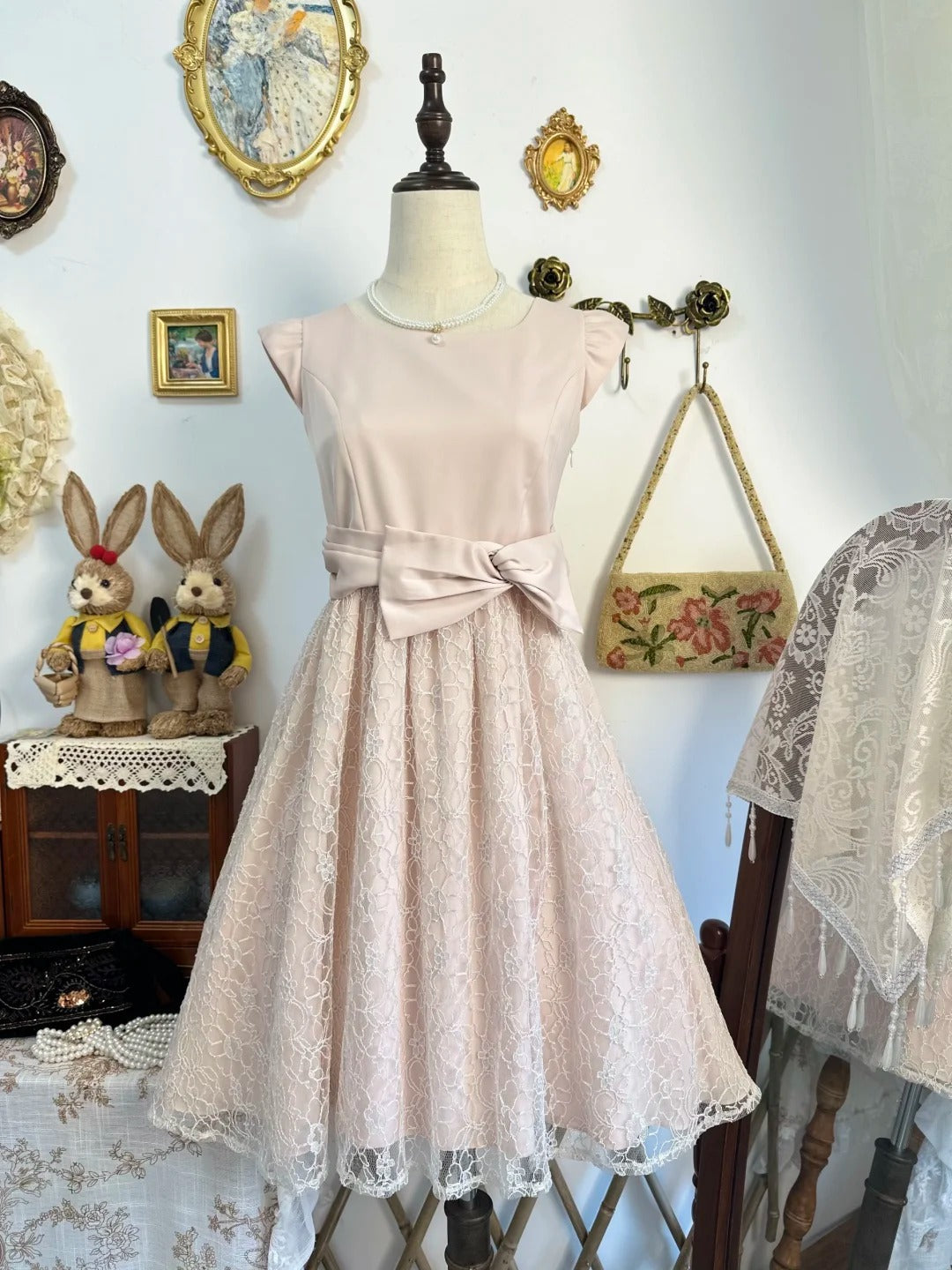 amakanas-Pink lace bow floral vintage short chiffon homecoming dress birthday dress gh5207